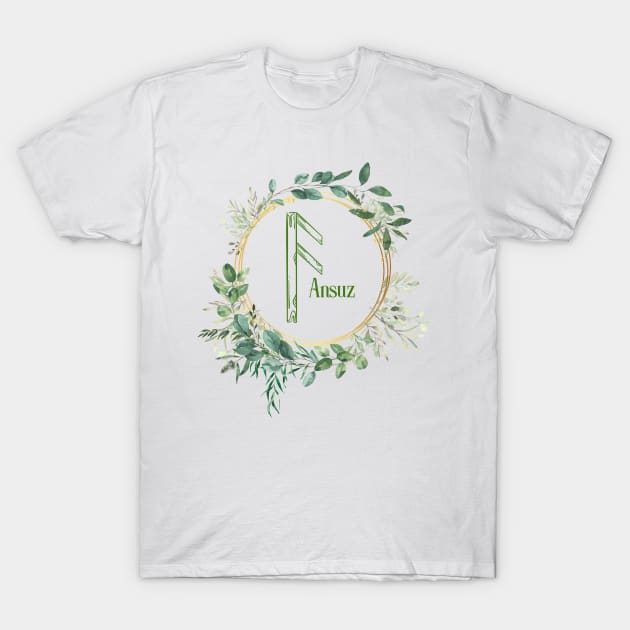 Ansuz Rune Nordic Futhark Flower Wreath Runic T-Shirt by Witchy Ways